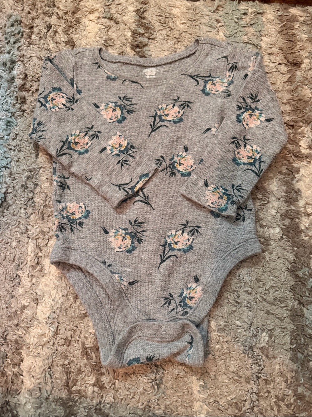 Old Navy Grey Floral Long-Sleeve Baby Bodysuit with Pink Accents